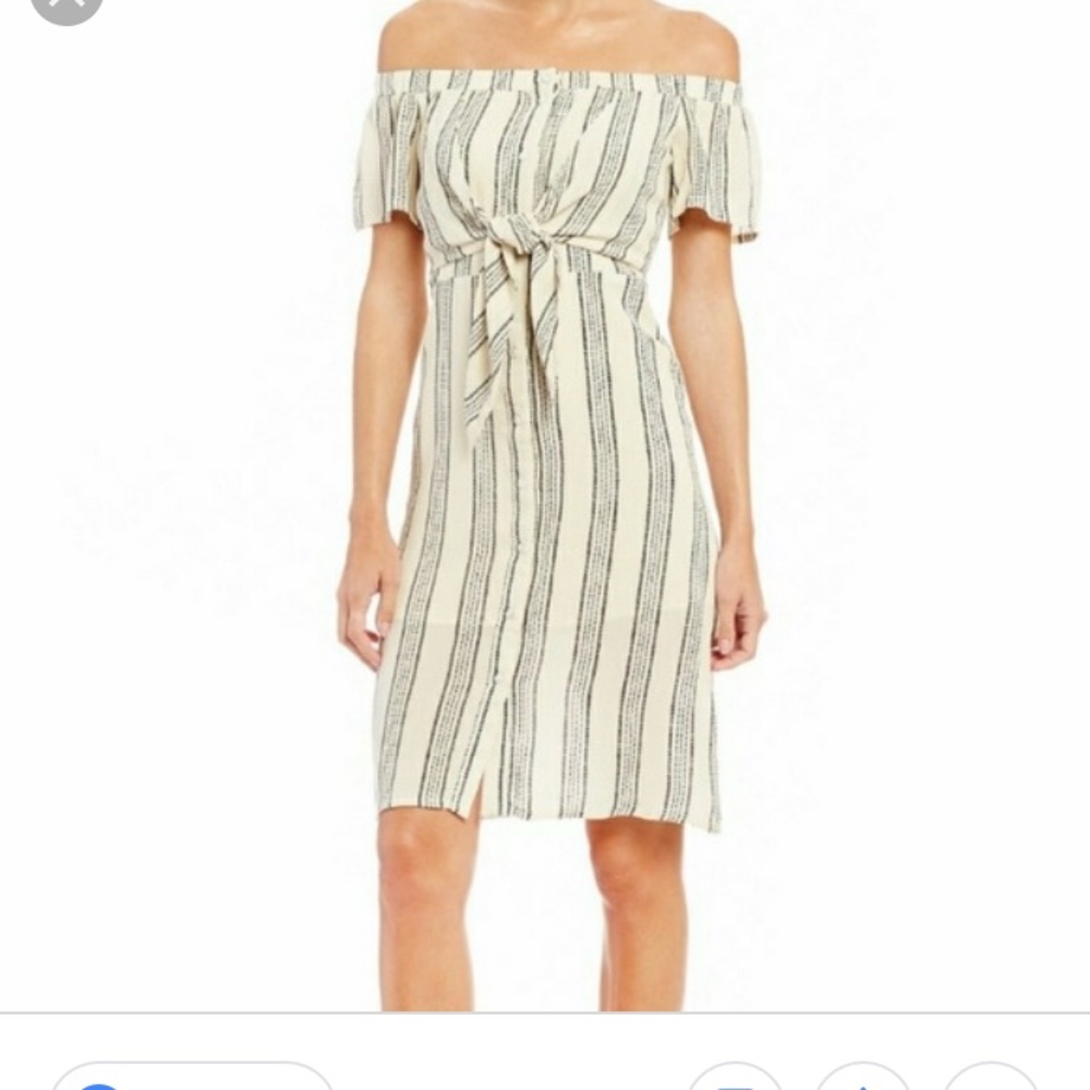 Off shoulder button down front tie midi dress